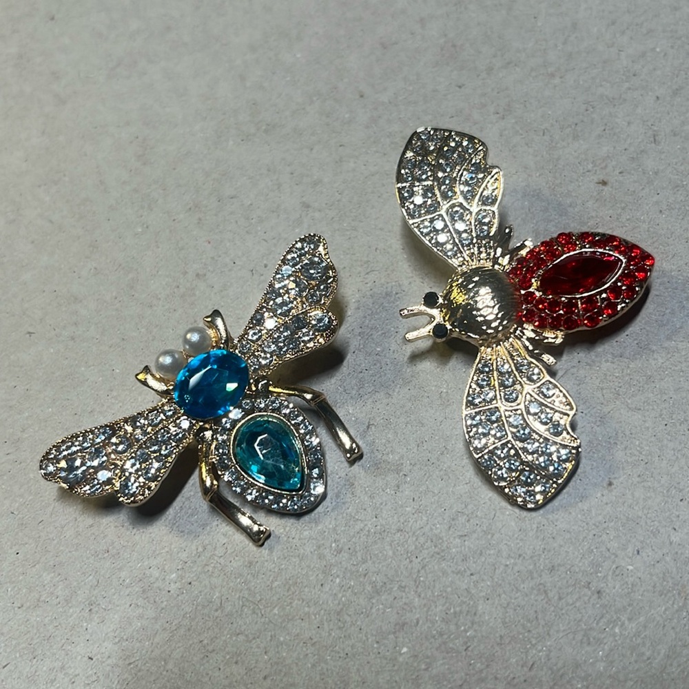 TWO RHINESTONE BEE BROOCHES PINS